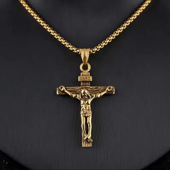 Italian 10K Gold Crucifix / Vintage Italian Estate C1970 10K  Gold Crucifix Cross Necklace Jesus Vintage INRI Anniversary Birthday Gift NEW